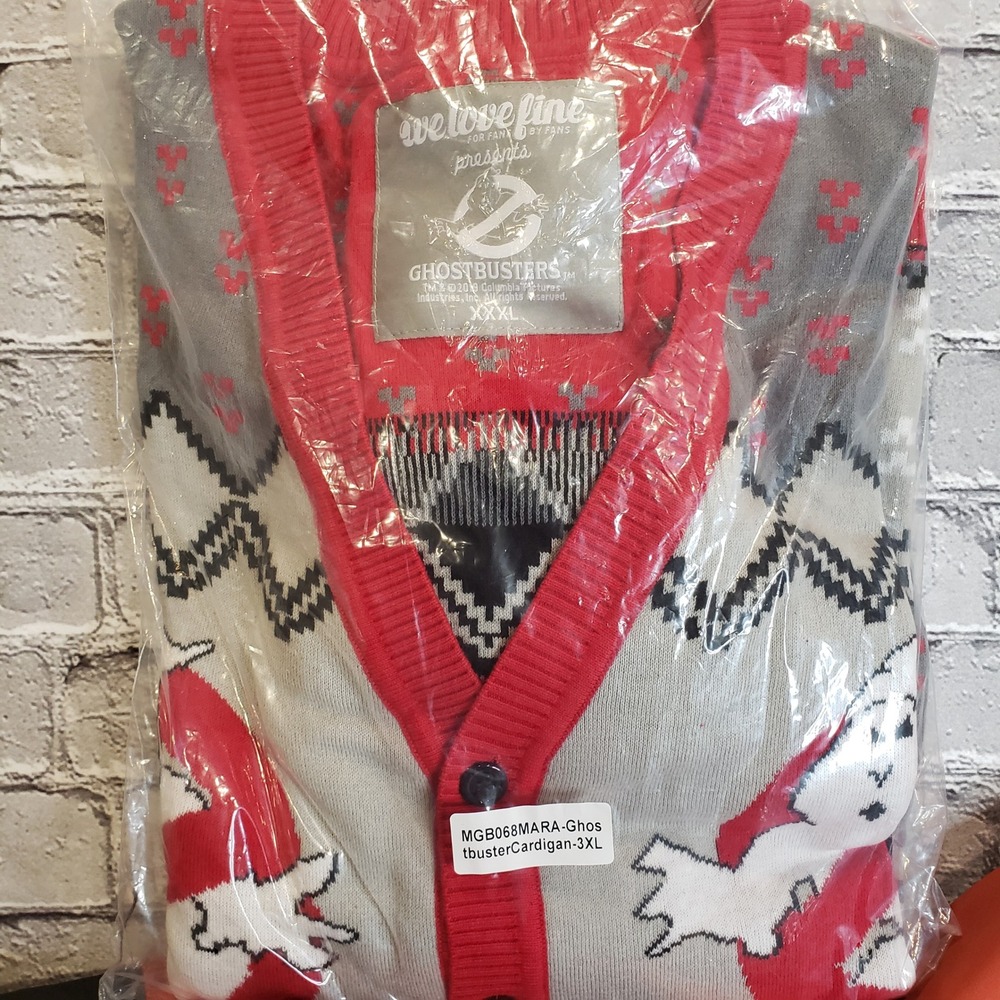 We Love Fine Ghostbusters Fair Isle Knit Cardigan Sweater Grey Red XXXL